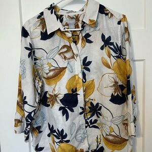 Chicos Fresh Chic No Iron 100% LINEN 2 (12) Floral Blouse Shirt 3/4 Sleeve